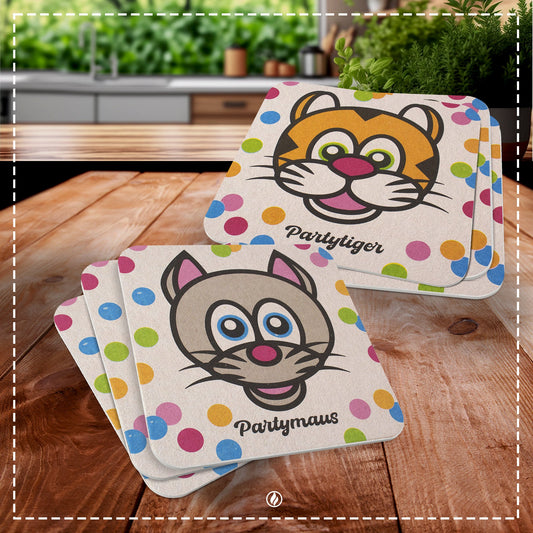 50x Bierdeckel Kindergeburtstag Partymaus & Partytiger - Tisch-Deko für den Geburtstag