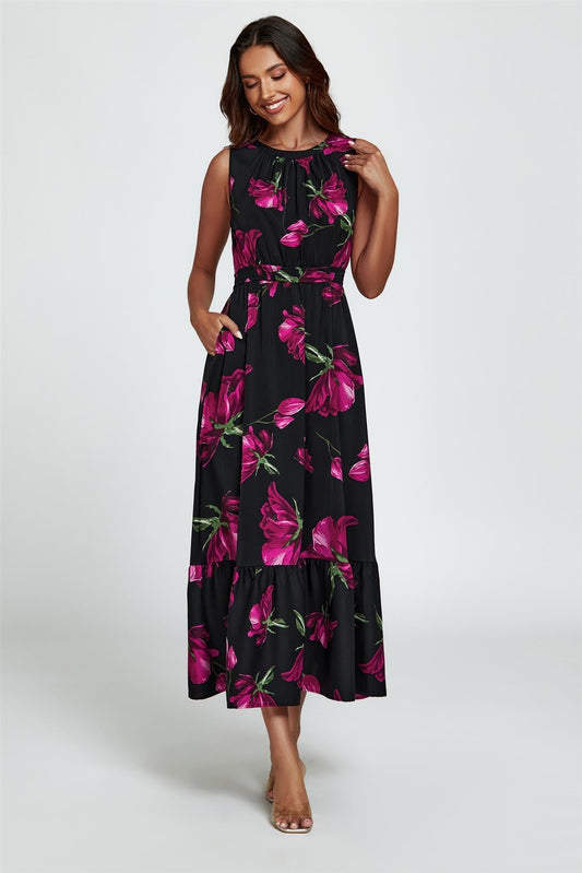 Floral Print Halterneck Maxi Dress In Black