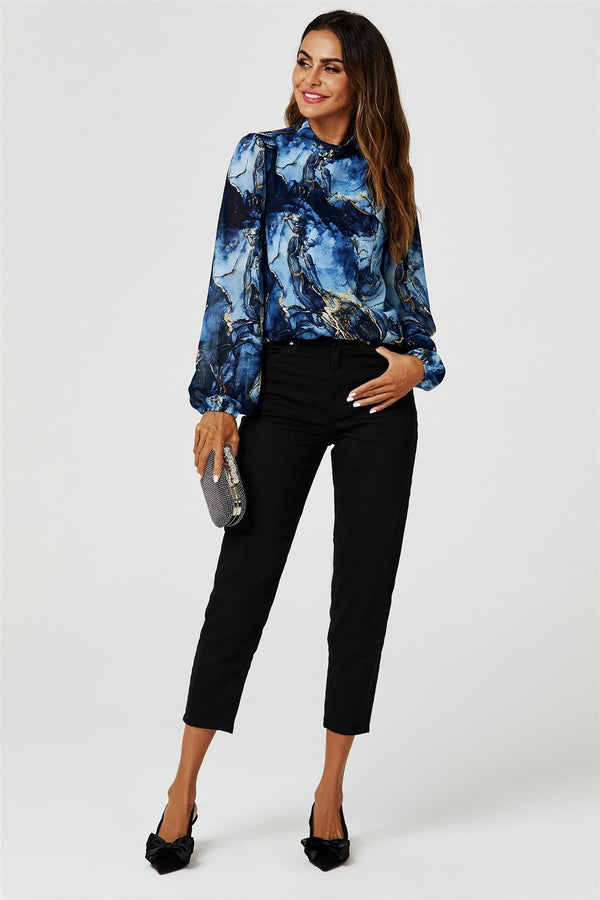 Langarm-Top mit Marmordruck und Stehkragen in Navy