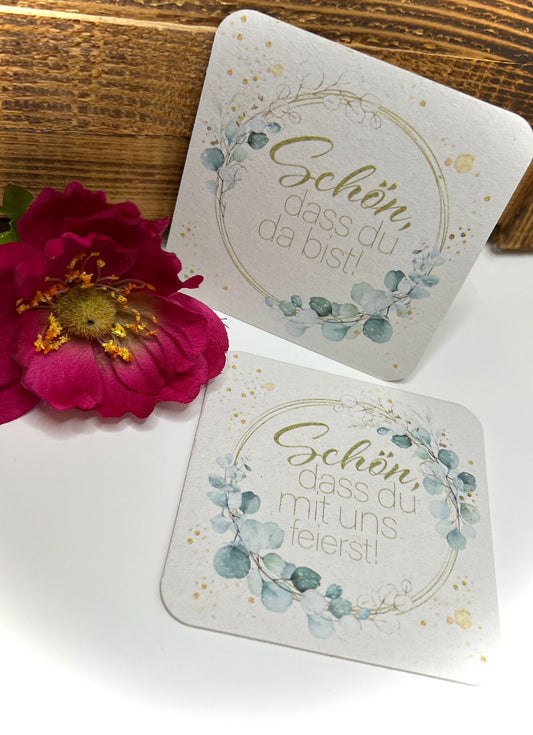 50x Bierdeckel 'Schön, dass du da bist' in Grün Floral mit Efeu