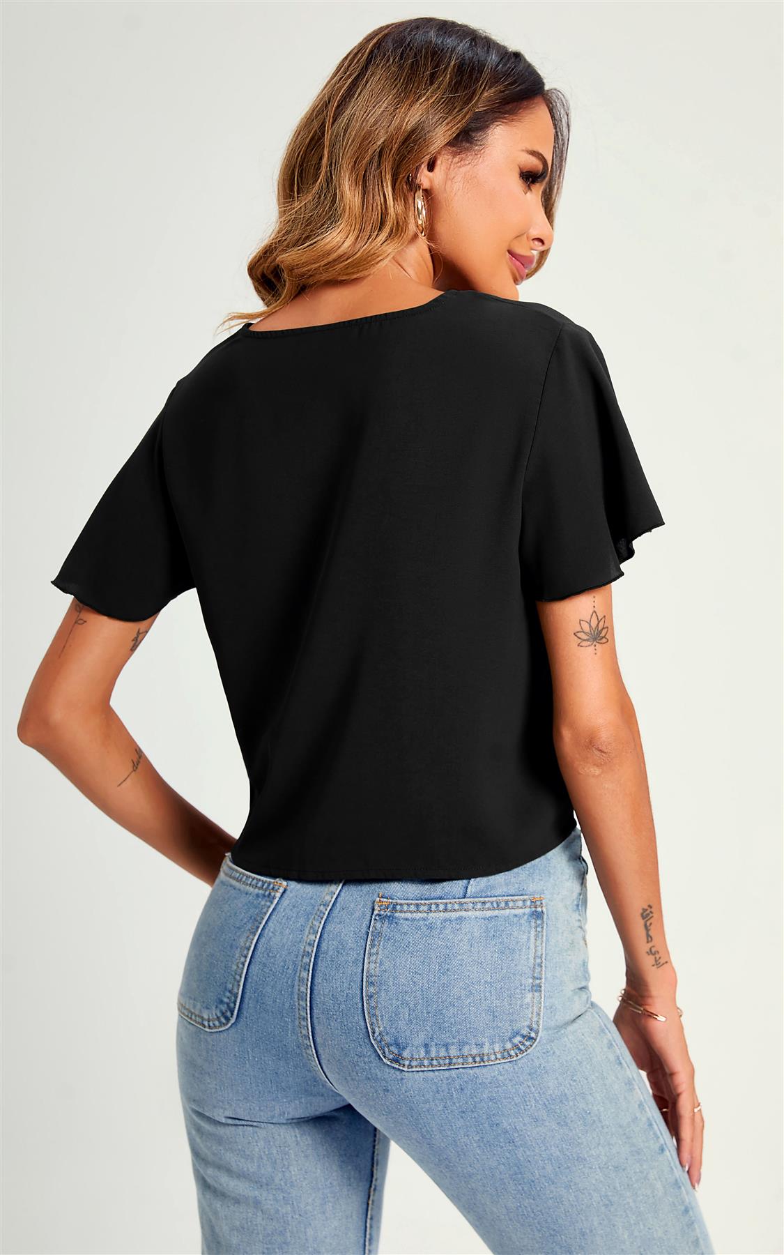Cute Tie Knot Front Buttoned Crop T Shirt Top In Black
