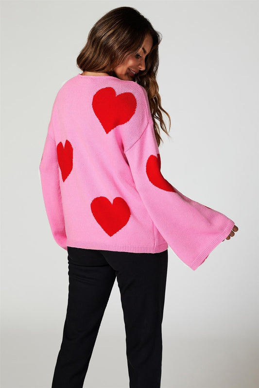 Wide Sleeve Oversize Red Jumper With Pink Heart