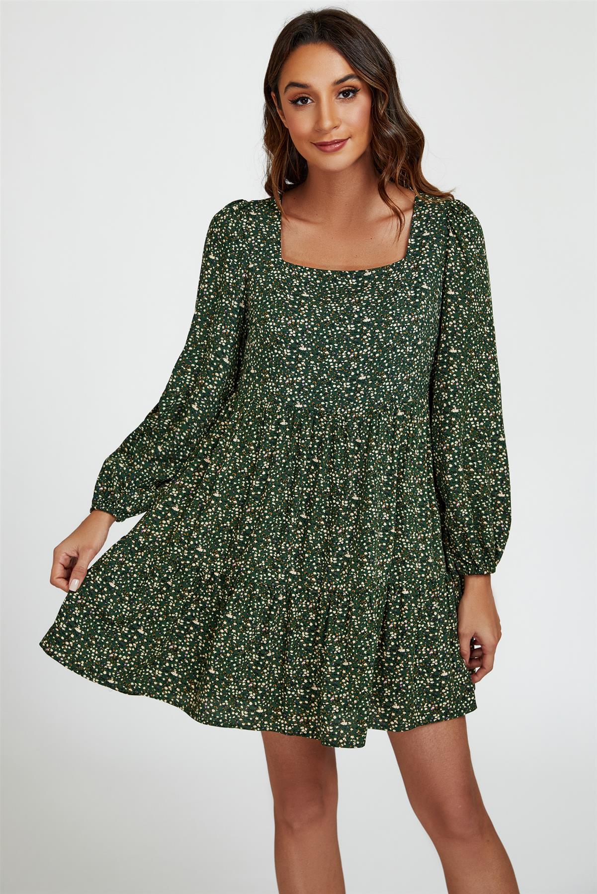Little Floral Print Square Neck Mini Dress In Olive Green