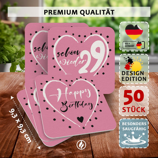 50 Bierdeckel Geburtstag, Schon wieder 29 Herz, Schon wieder 29 Pink