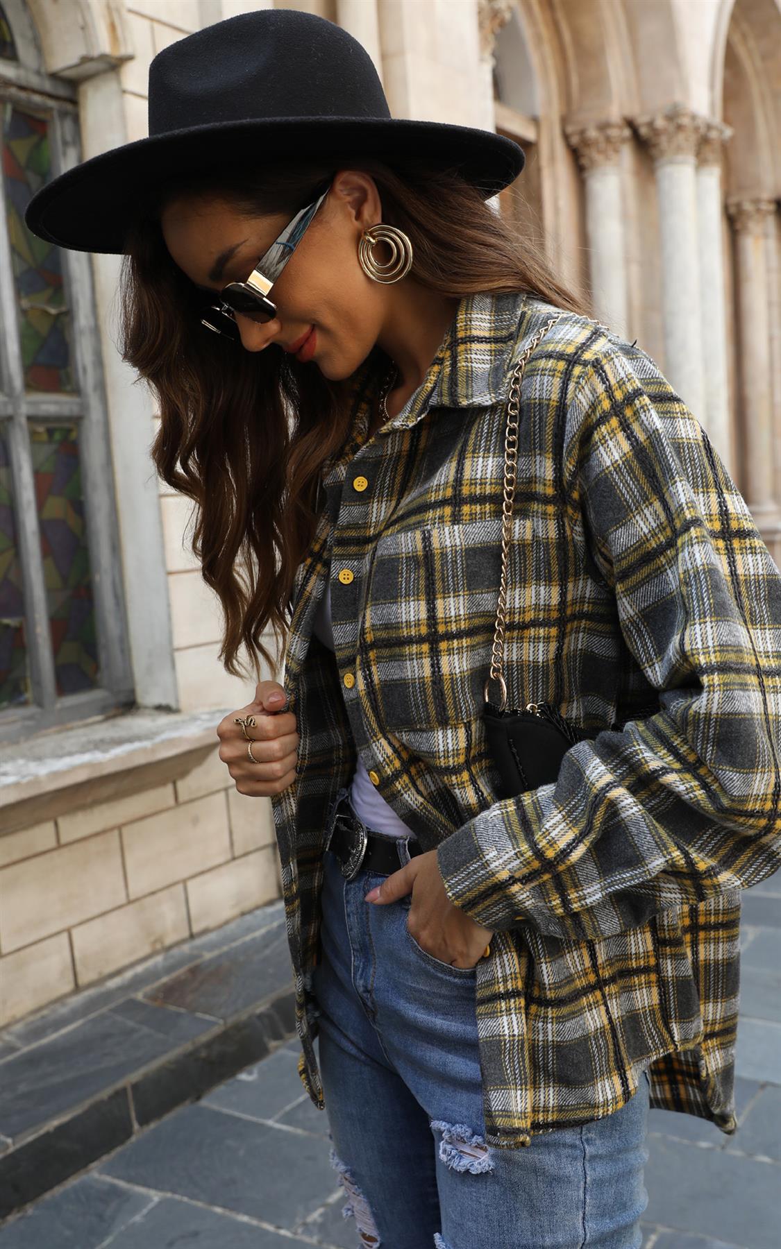 Yellow Brushed Check Oversized Pocket Detail Shacket Shirt Jacket In Grey