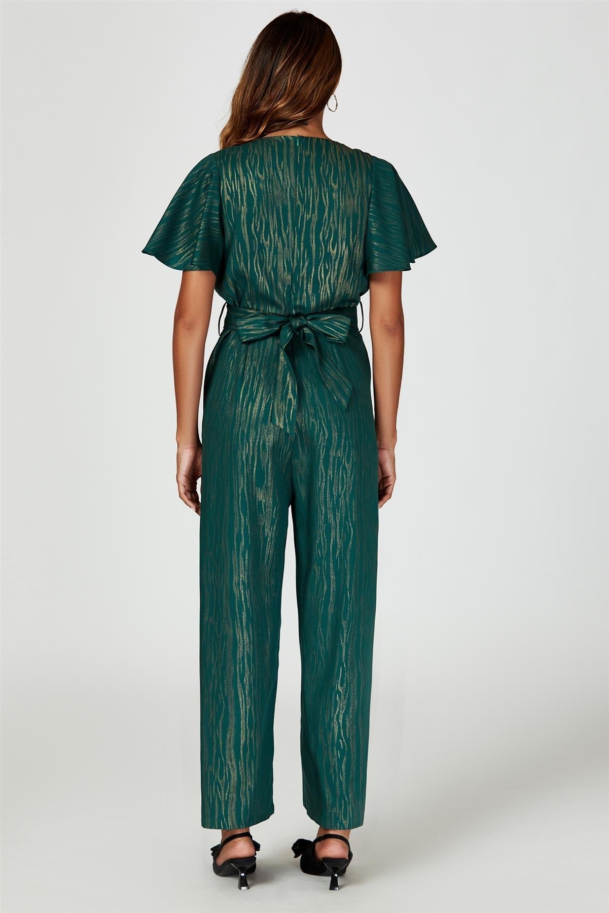 Gold Foil Print Wrap Top Jumpsuit In Green
