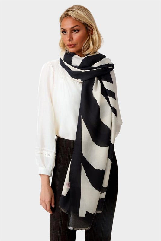 Black Abstract Print Fringed edges Scarf In Beige