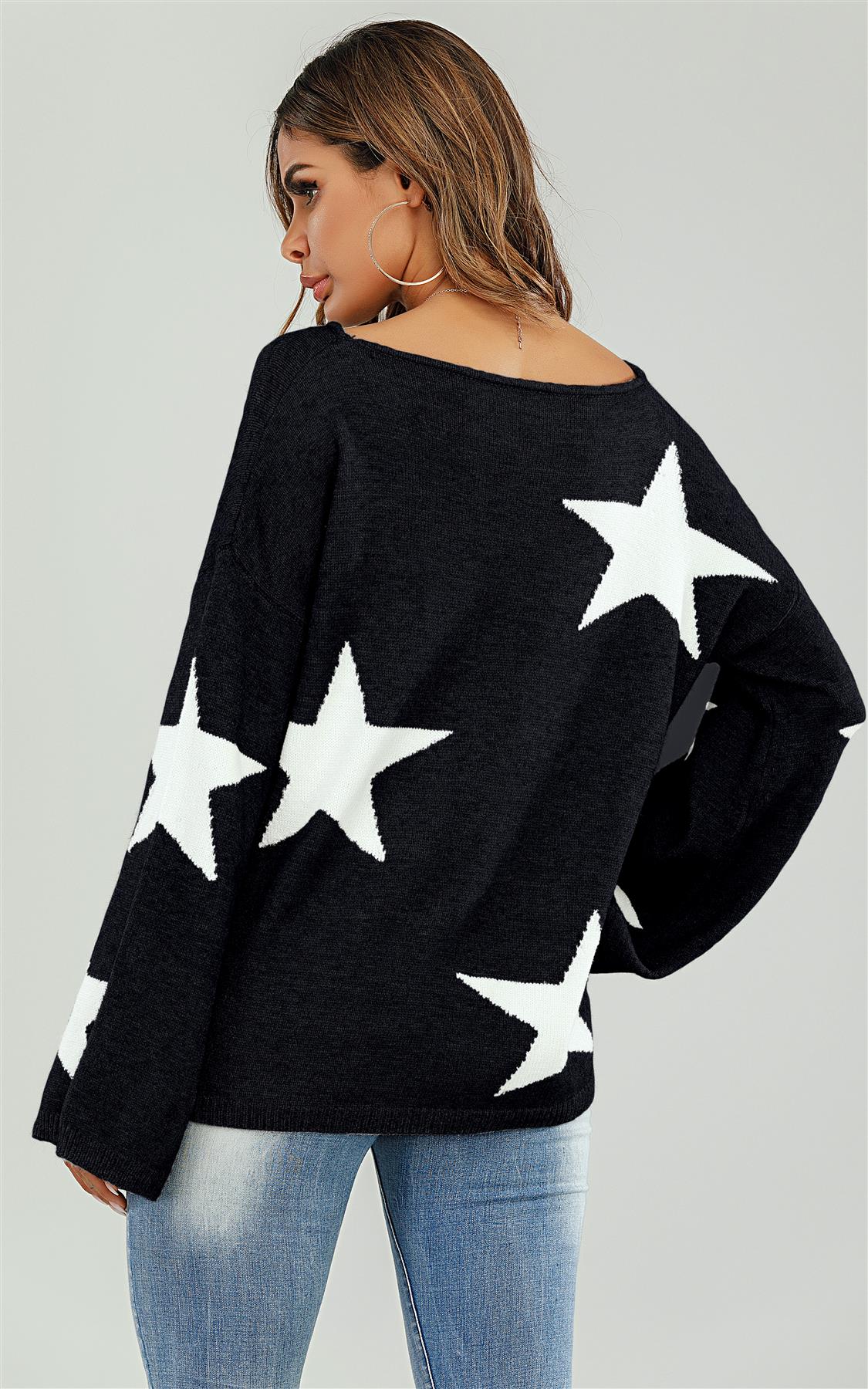 Wide Sleeve Oversize Black Jumper With White Star