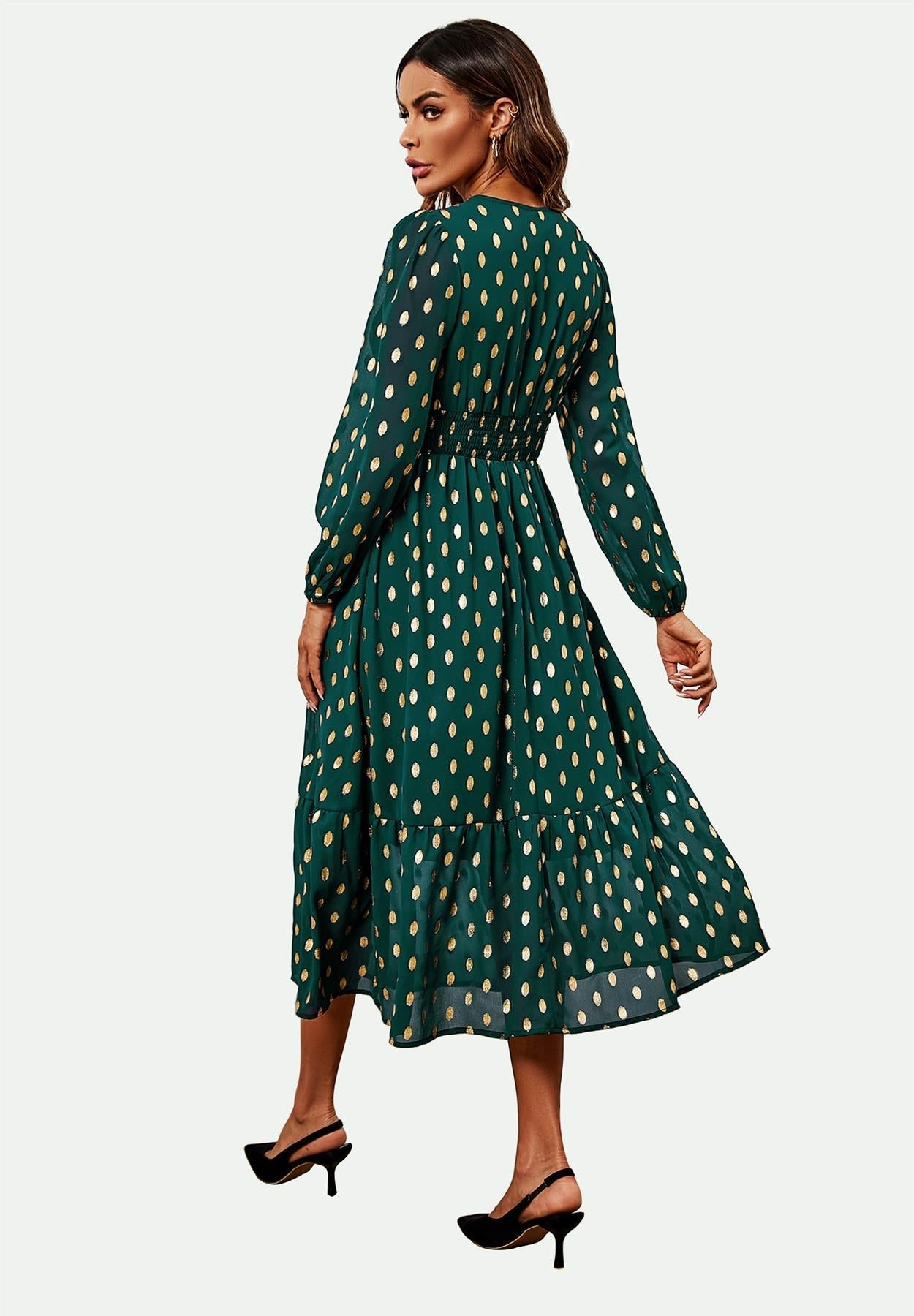 Lace Trim Foil Long Sleeve Maxi Dress In Green