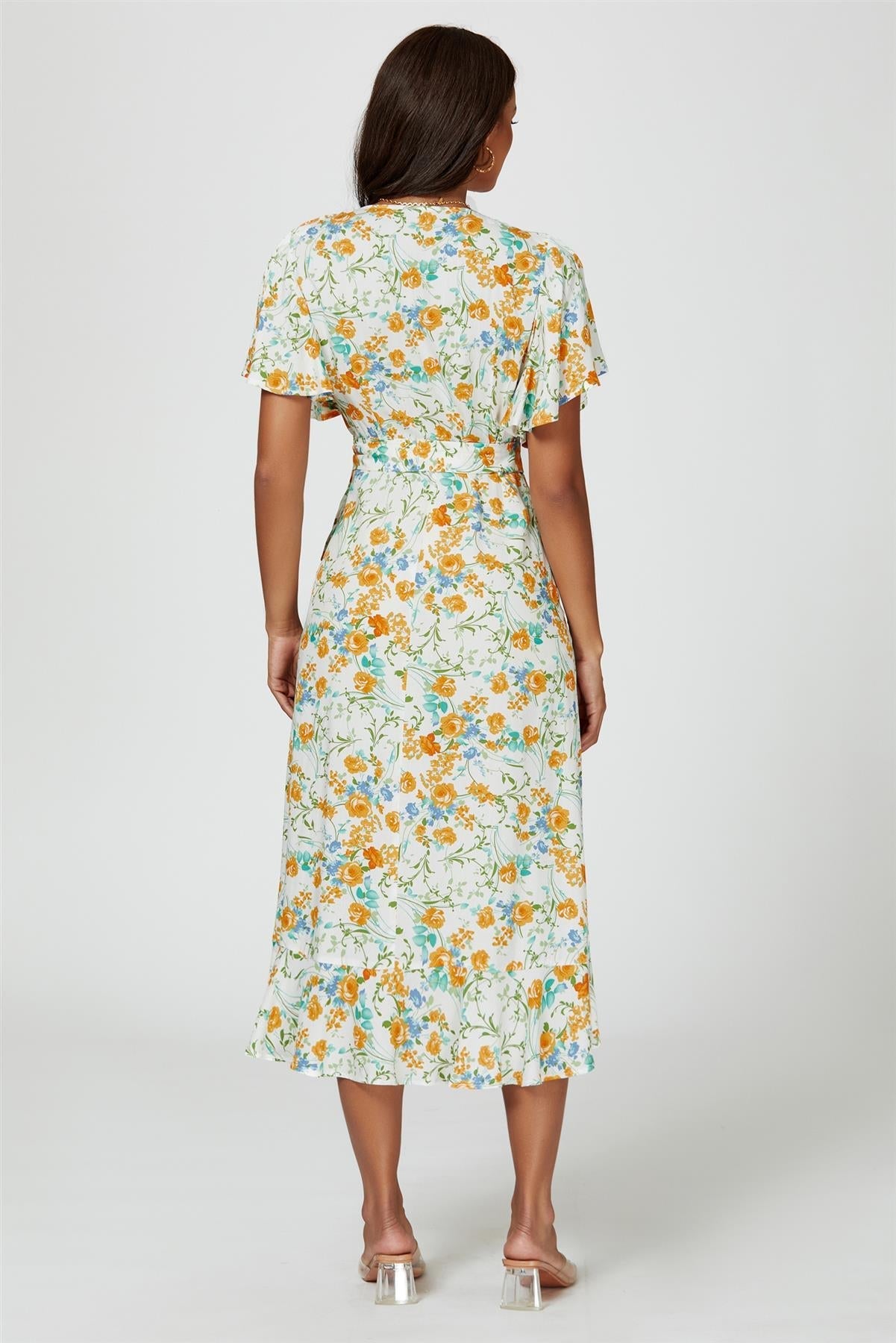 Floral Print Angel Sleeve Wrap Midi Dress In Yellow