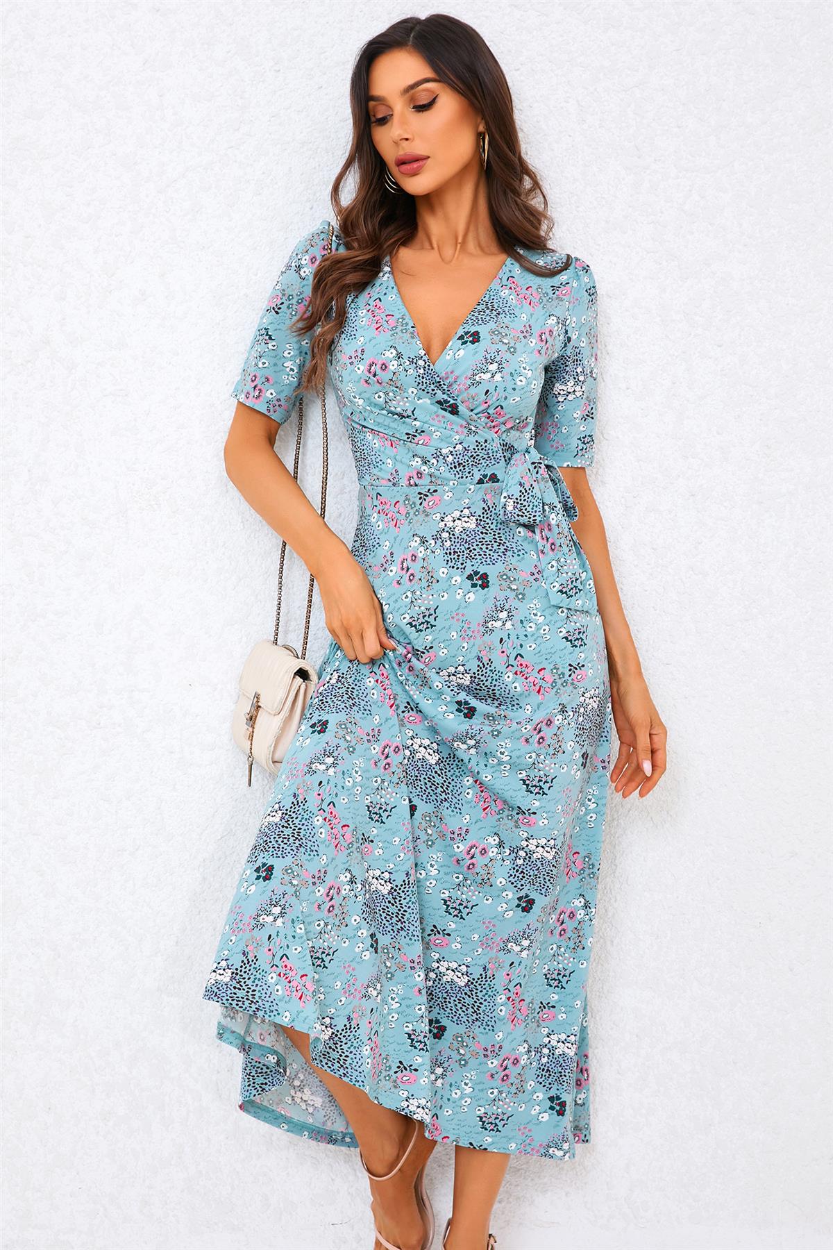 Floral Print Jersey Midi Dress In Blue