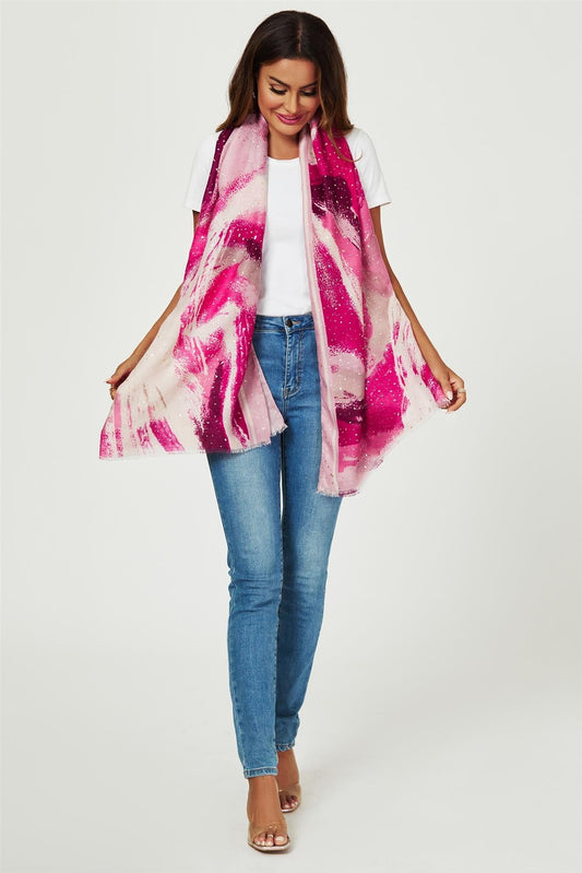 Gold Foil Abstract Brush Print Fringed edges Scarf In Pink