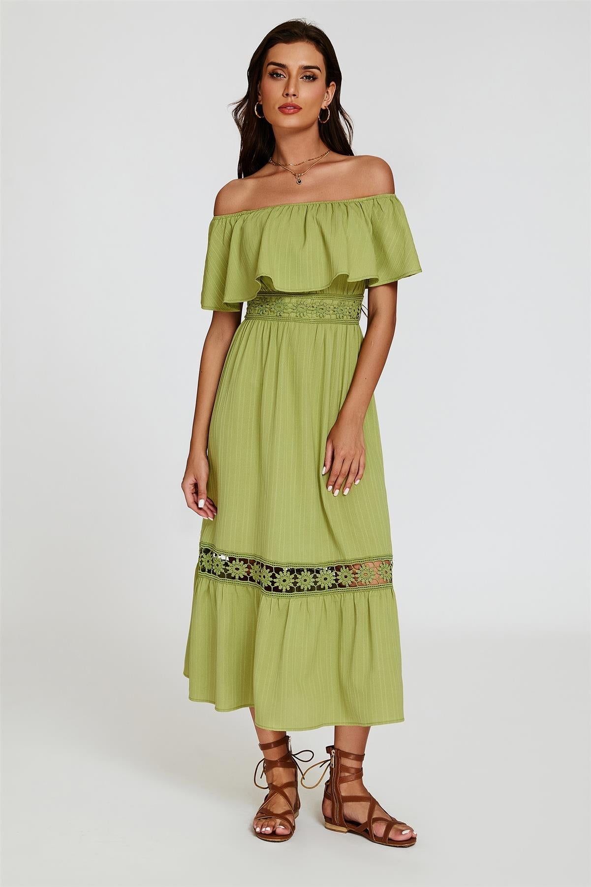 Lace Detail Bardot Maxi Dress In Green