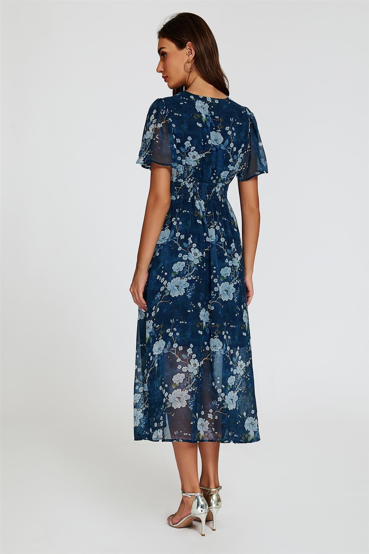 Floral Print Midi V neckline Dress In Navy