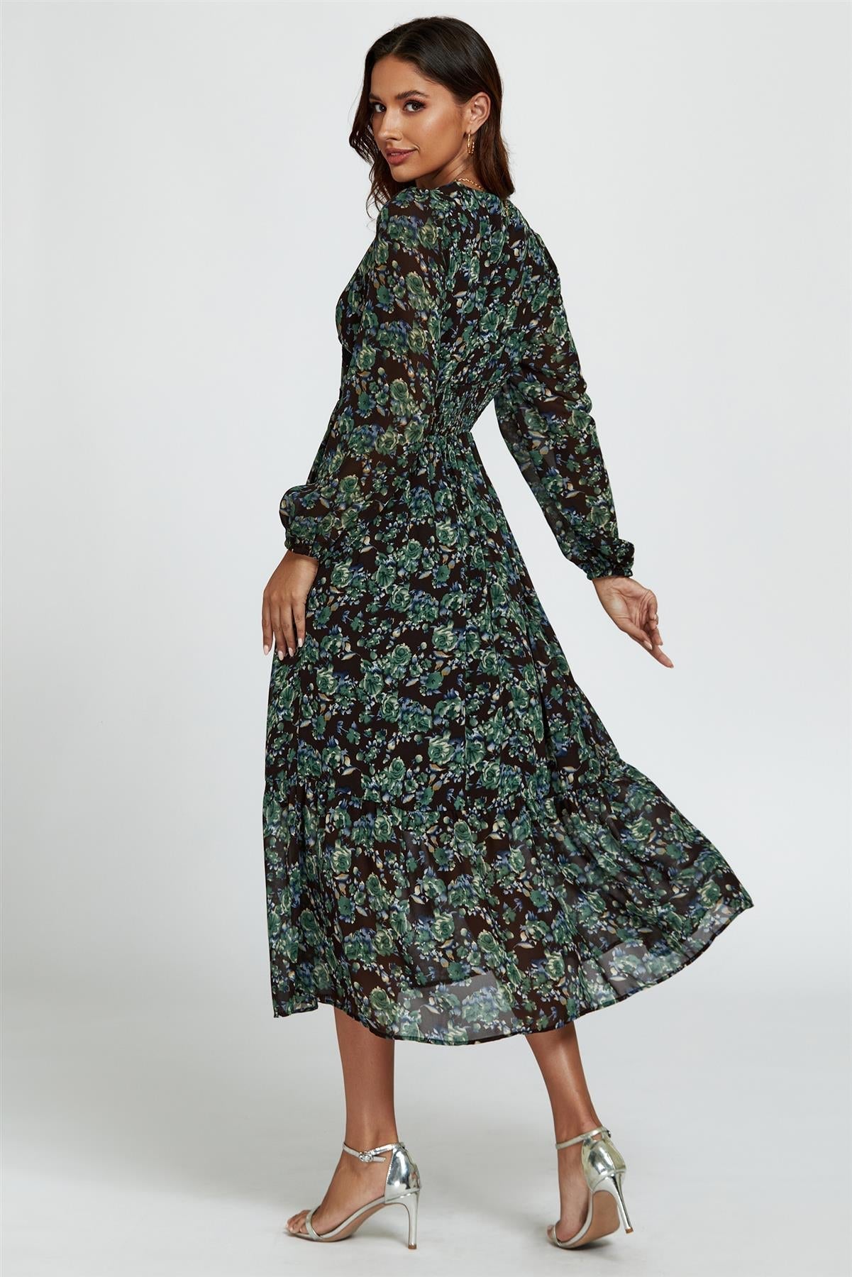 Floral Print Long Sleeve Midi Dress In Brown