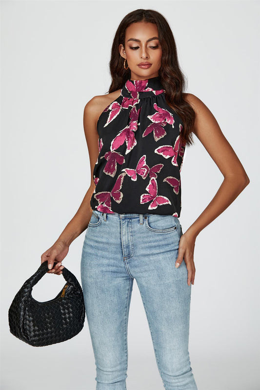 Butterfly Print Halter Neck Tie Back Top In Black