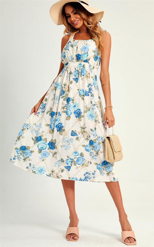 Pretty Flora Print Cross Back Midi Dress In White