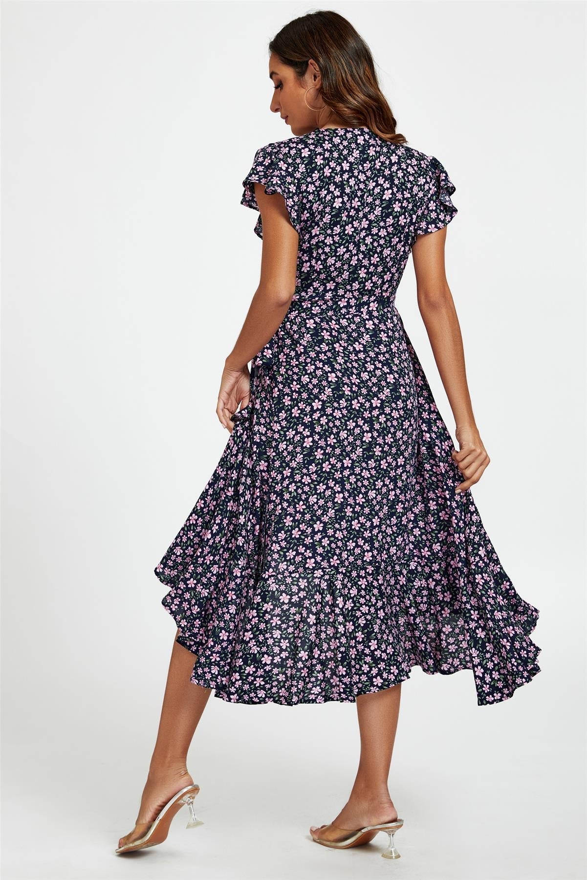 Floral Frill Sleeve Midi Wrap Dress In Navy