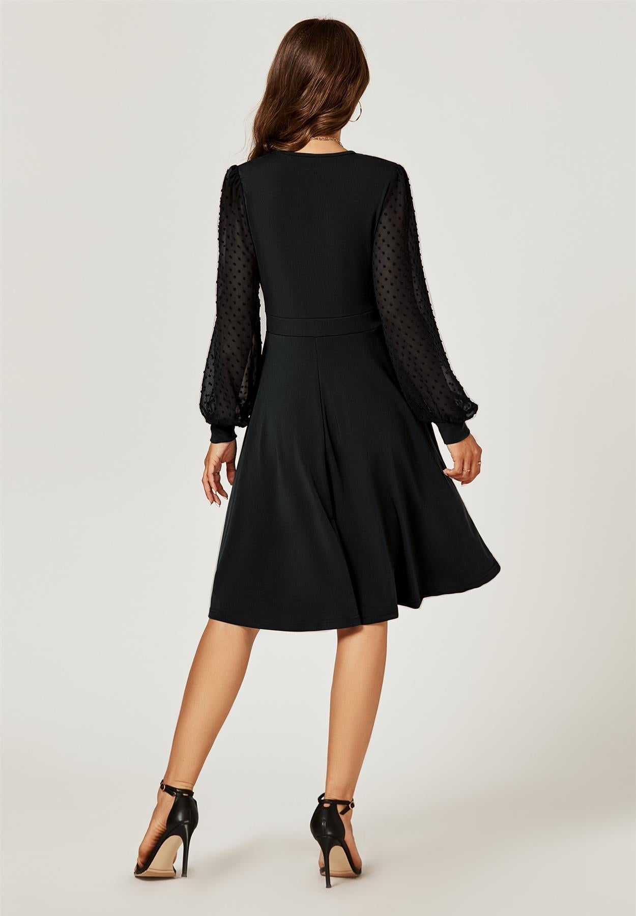 Long Chiffon Sleeve Pleated Midi Dress In Black