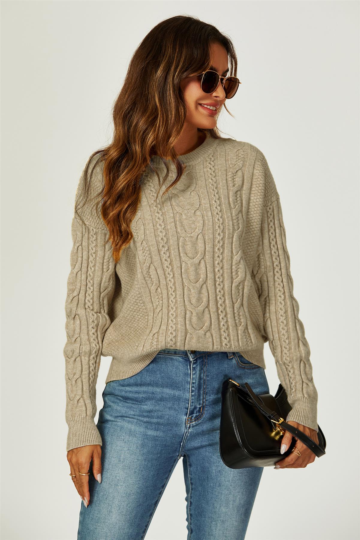 Cable Knit Crew Neck Jumper In Taupe