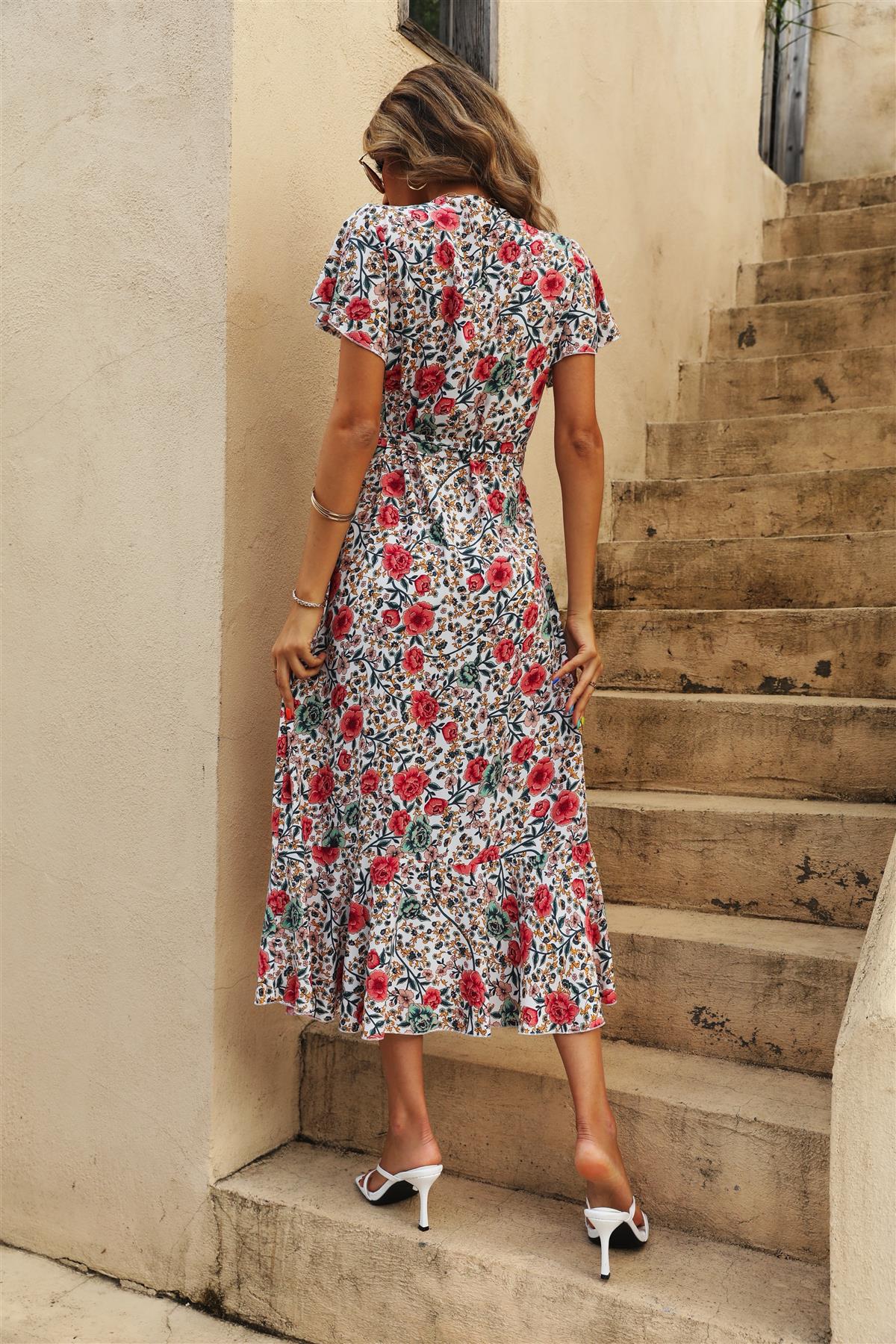Wickel-Midi-Kleid mit Print & Engelärmeln in Weiß