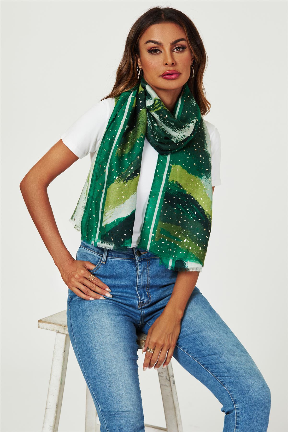 Gold Foil Abstract Brush Print Fringed edges Scarf In Green
