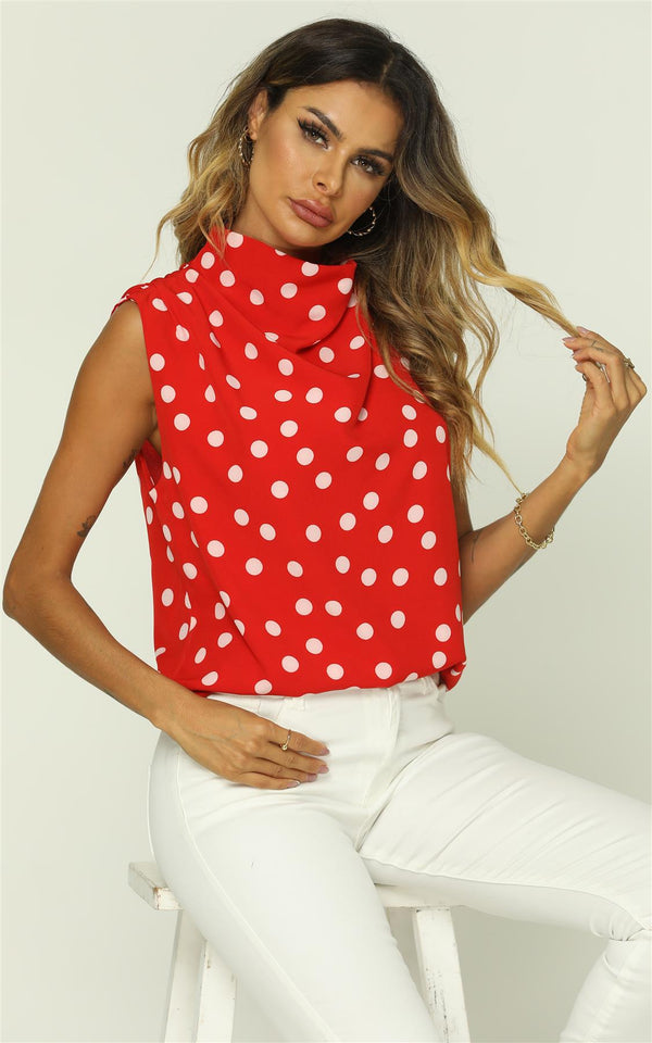 Ärmelloses Stehkragen-Top mit Polka-Dot in Rot