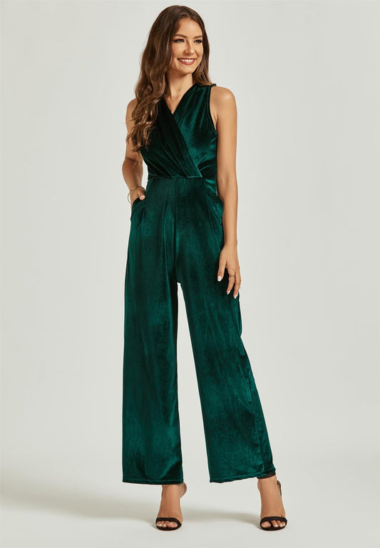 Velvet Wrap Jumpsuit In Green