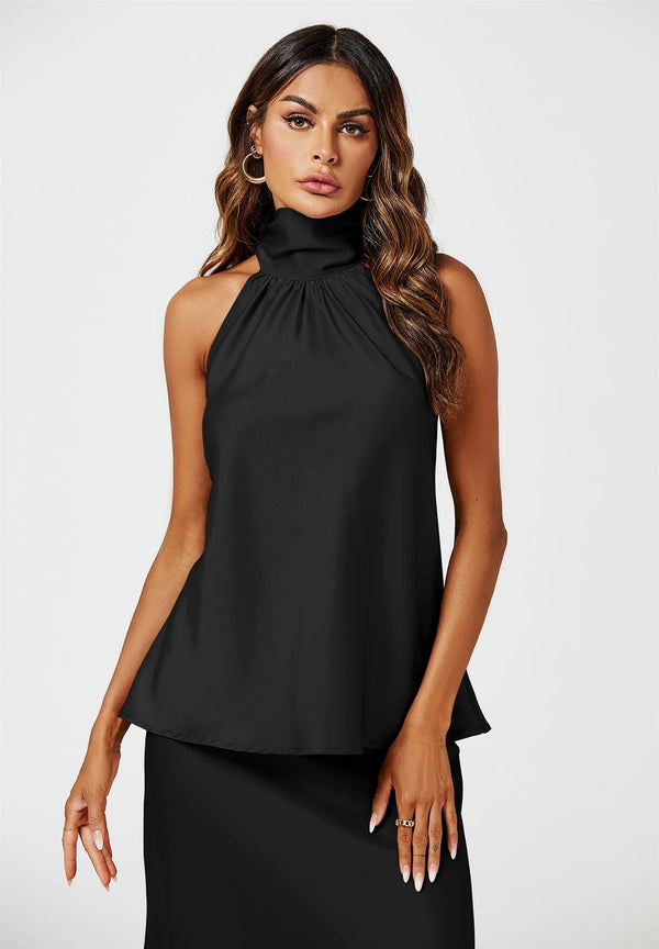 Satin-Neckholder-Top mit Rückenbindung in Schwarz
