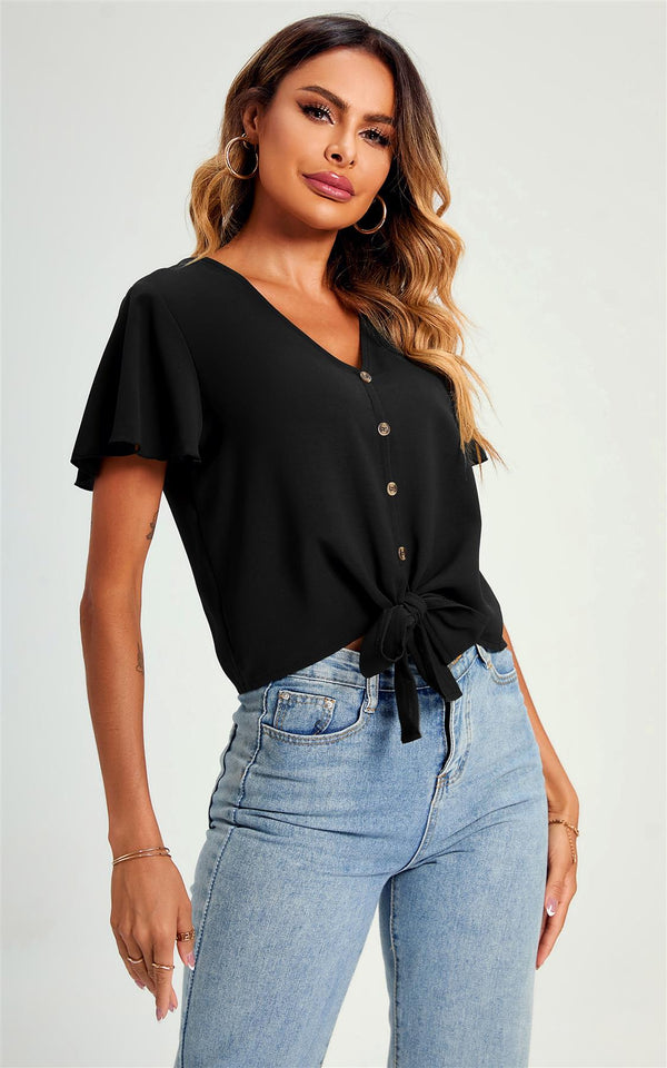 Crop-Top mit Knotendetail & Knöpfen in Schwarz