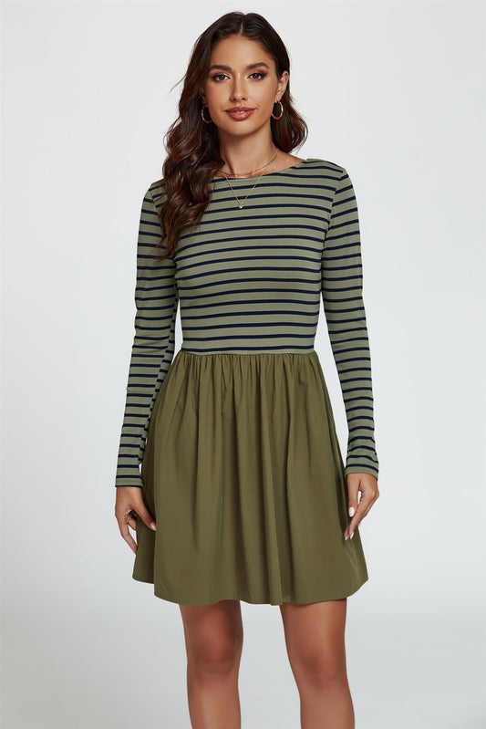 Long Sleeve Stripe Mini Dress In Olive