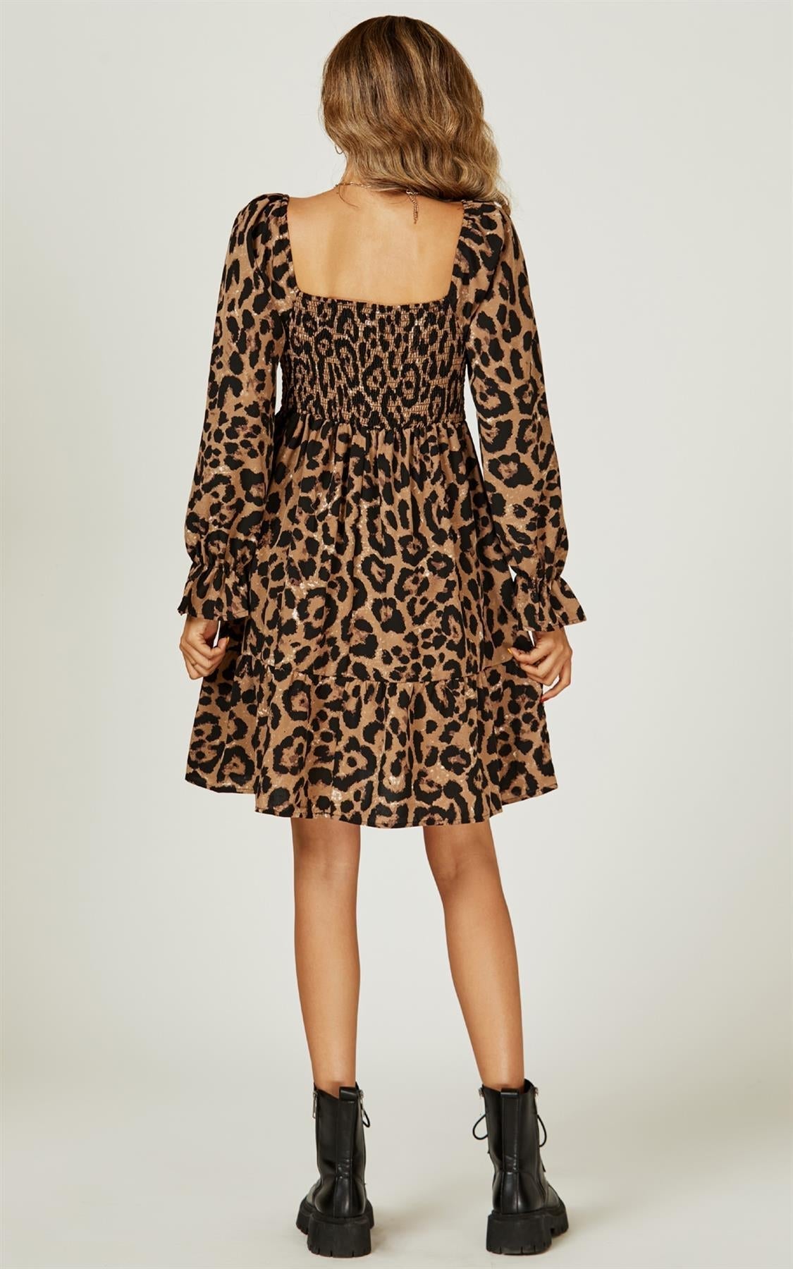 Square Neck Puff Sleeve Mini Dress In Leopard Print