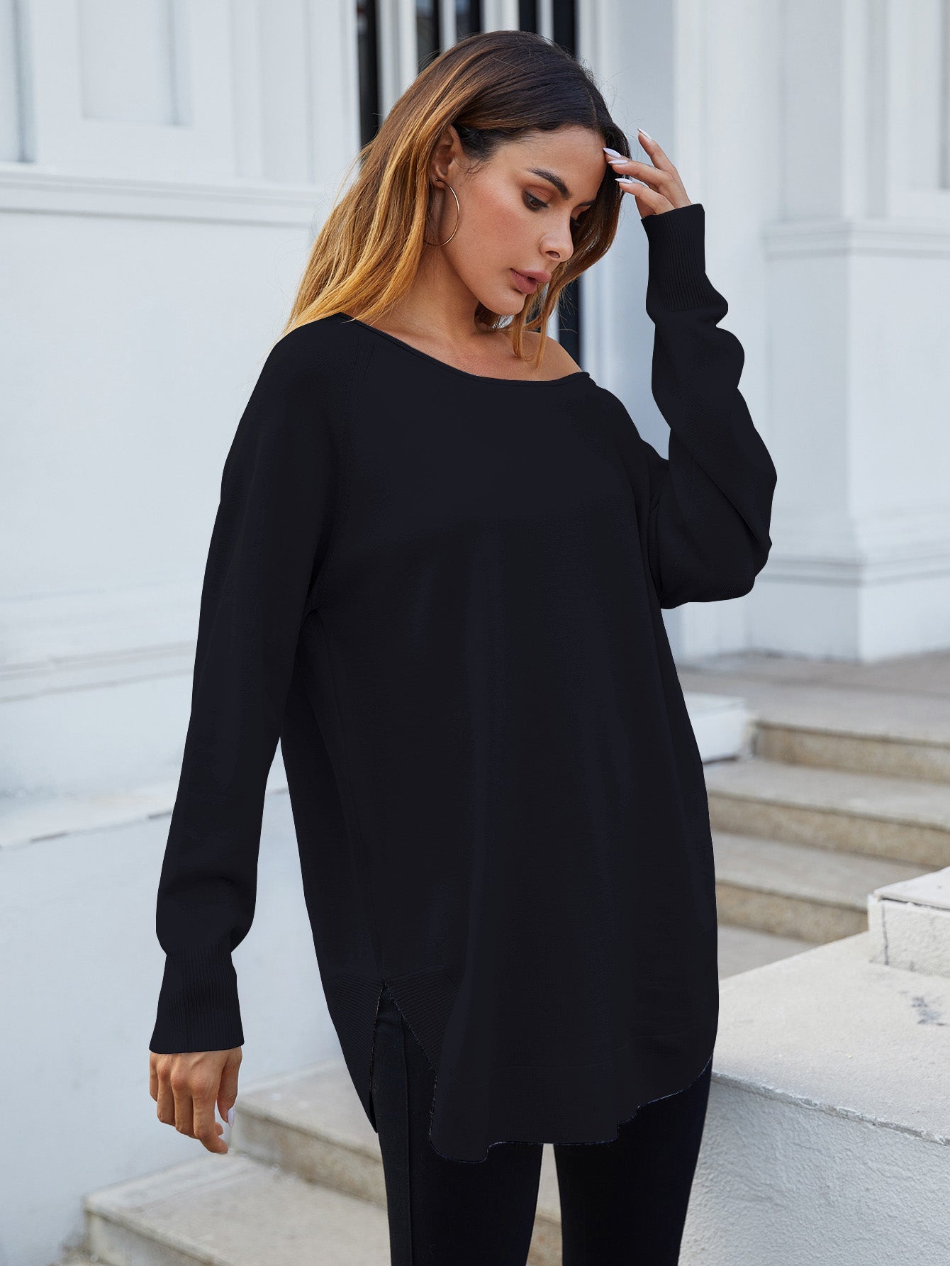 Oversize Knitted Jumper Top In Black