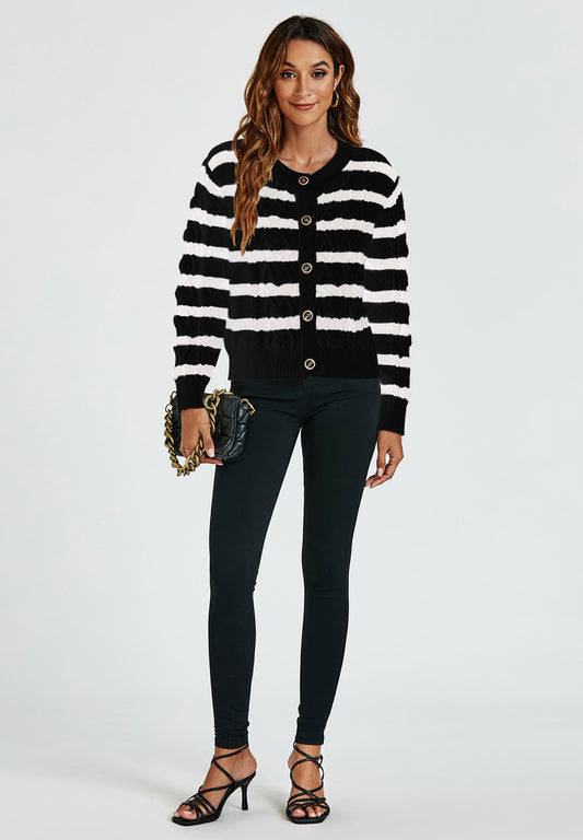 Schwarze-weiße Strickjacke mit Streifenmuster