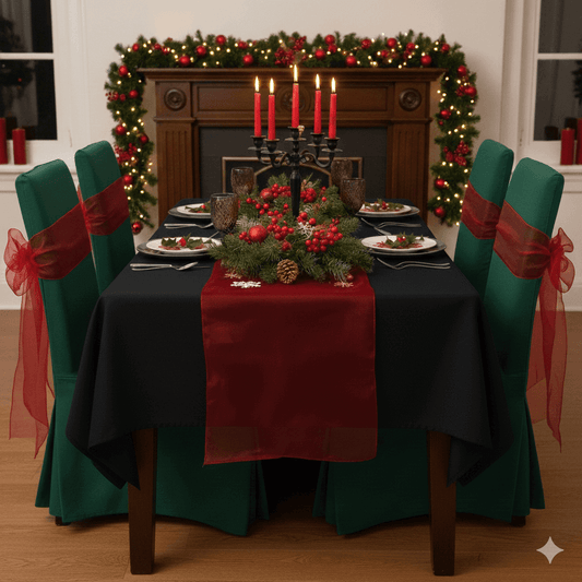 Dekorationset für Weihnachten auf einem festlich gedeckten Tisch mit Kerzen, Tannenzweigen und roten Akzenten für gemütliche Feiertage.