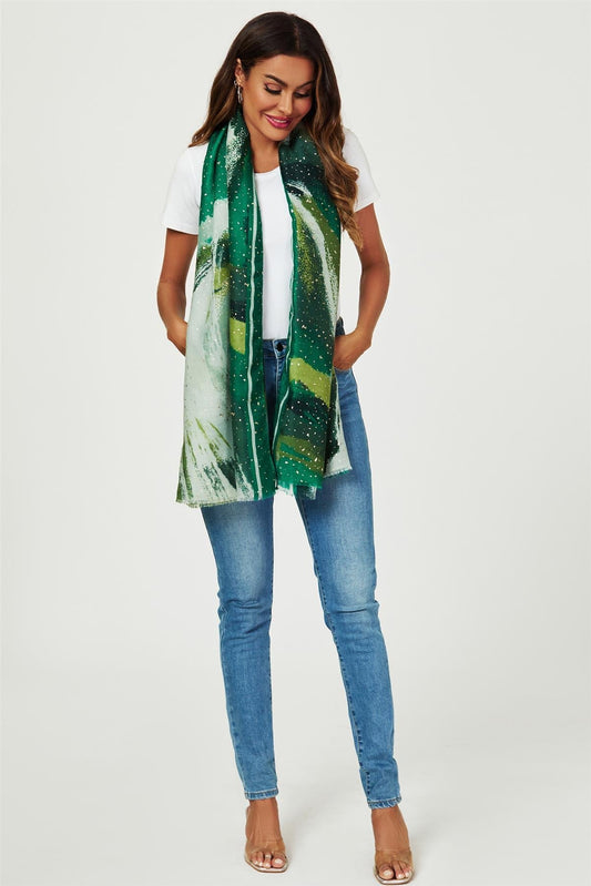 Gold Foil Abstract Brush Print Fringed edges Scarf In Green