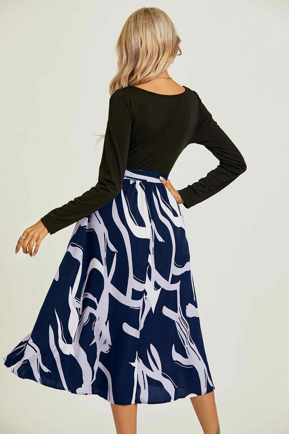 Printed 2 In 1 Midi Dress Long Sleeve Top In Navy