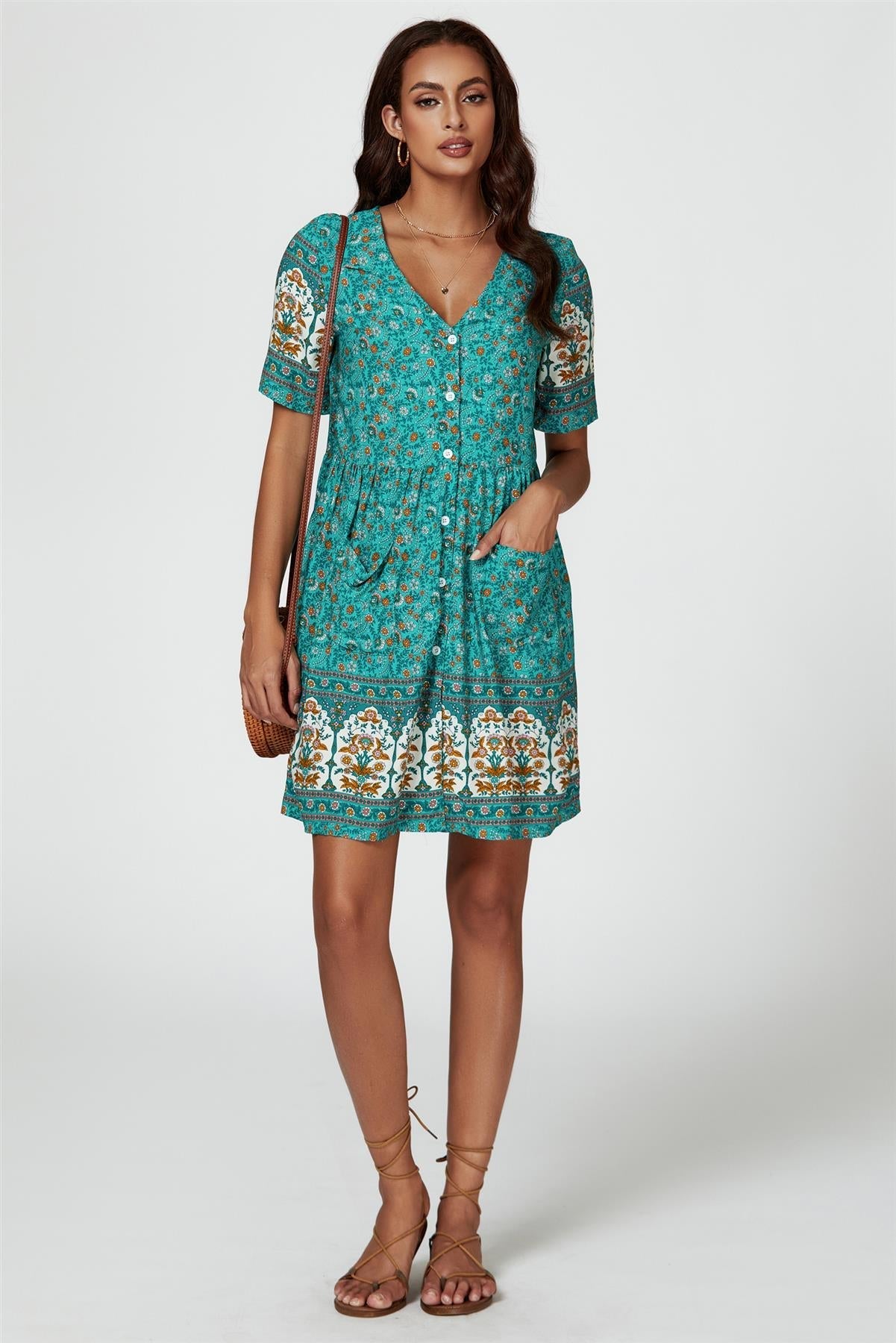 Print Boho Mini Dress In Green