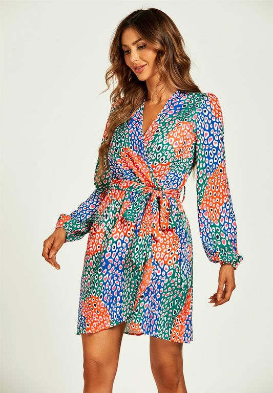 Leopard Print Wrap Mini Dress In Blue