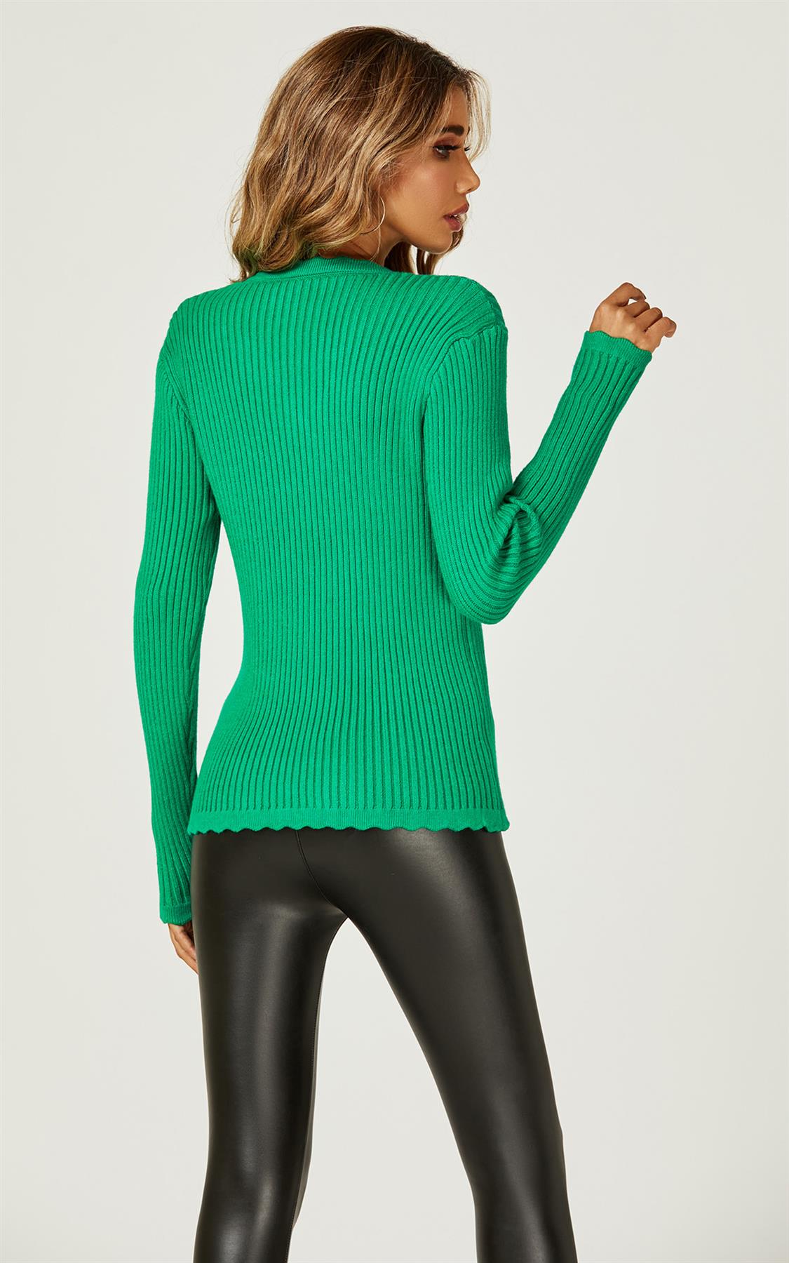Scallop Crochet Trim V Neck Stretch-Knitted Jumper In Green