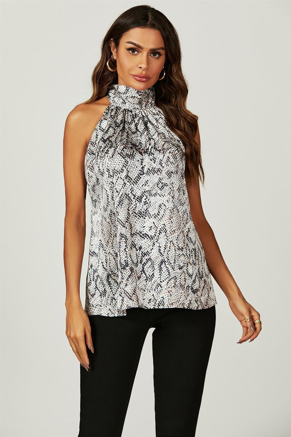 Satin-Neckholder-Top mit Schlangenmuster in Silbergrau