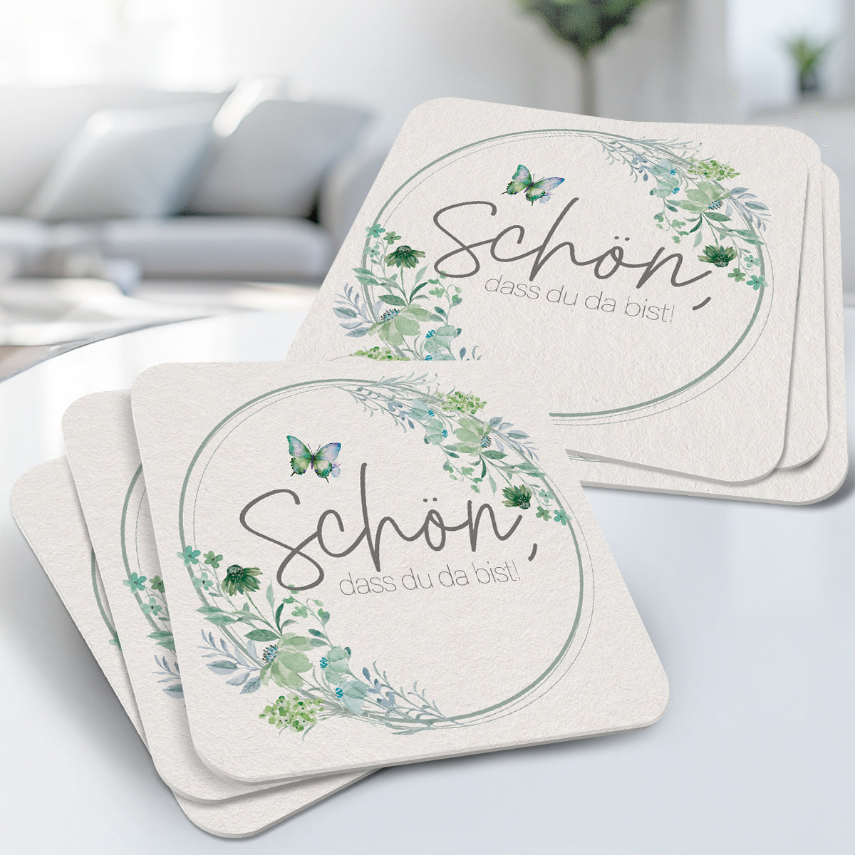 50 Bierdeckel "Schön, dass du da bist" - Floral Butterfly Salbeigrün