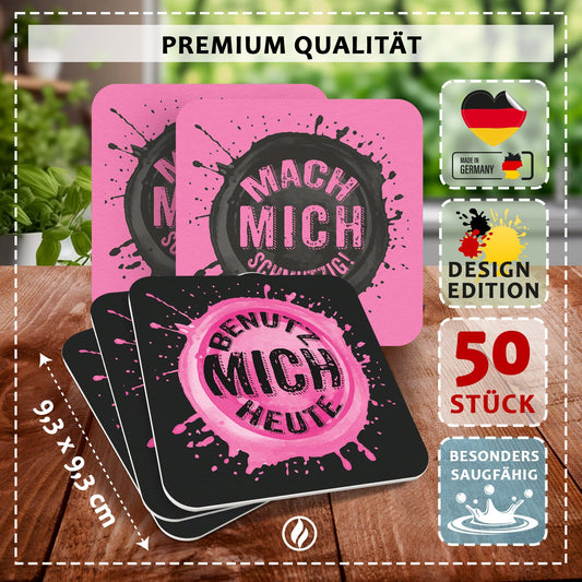Freche Bierdeckel - 50er Set mit Zweideutigen Sprüchen "Mach mich schmutzig" & "Benutz mich heute"