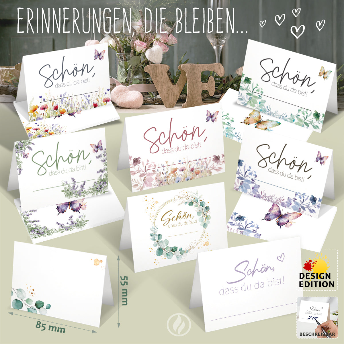 50 Bierdeckel rund Hochzeit - Schön, dass du da bist - florales Boho Design Tischdeko