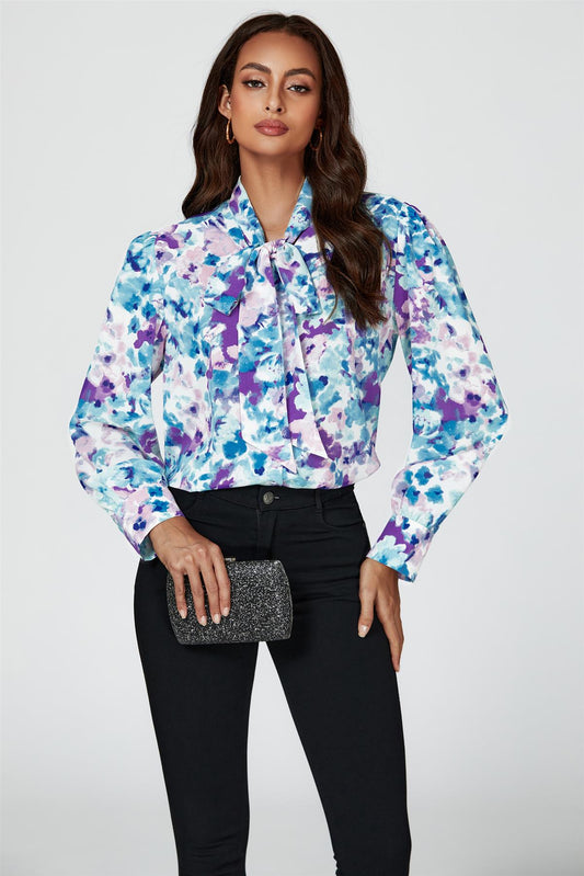 Abstract Floral Print Tie Detail long sleeve Blouse Top In Blue
