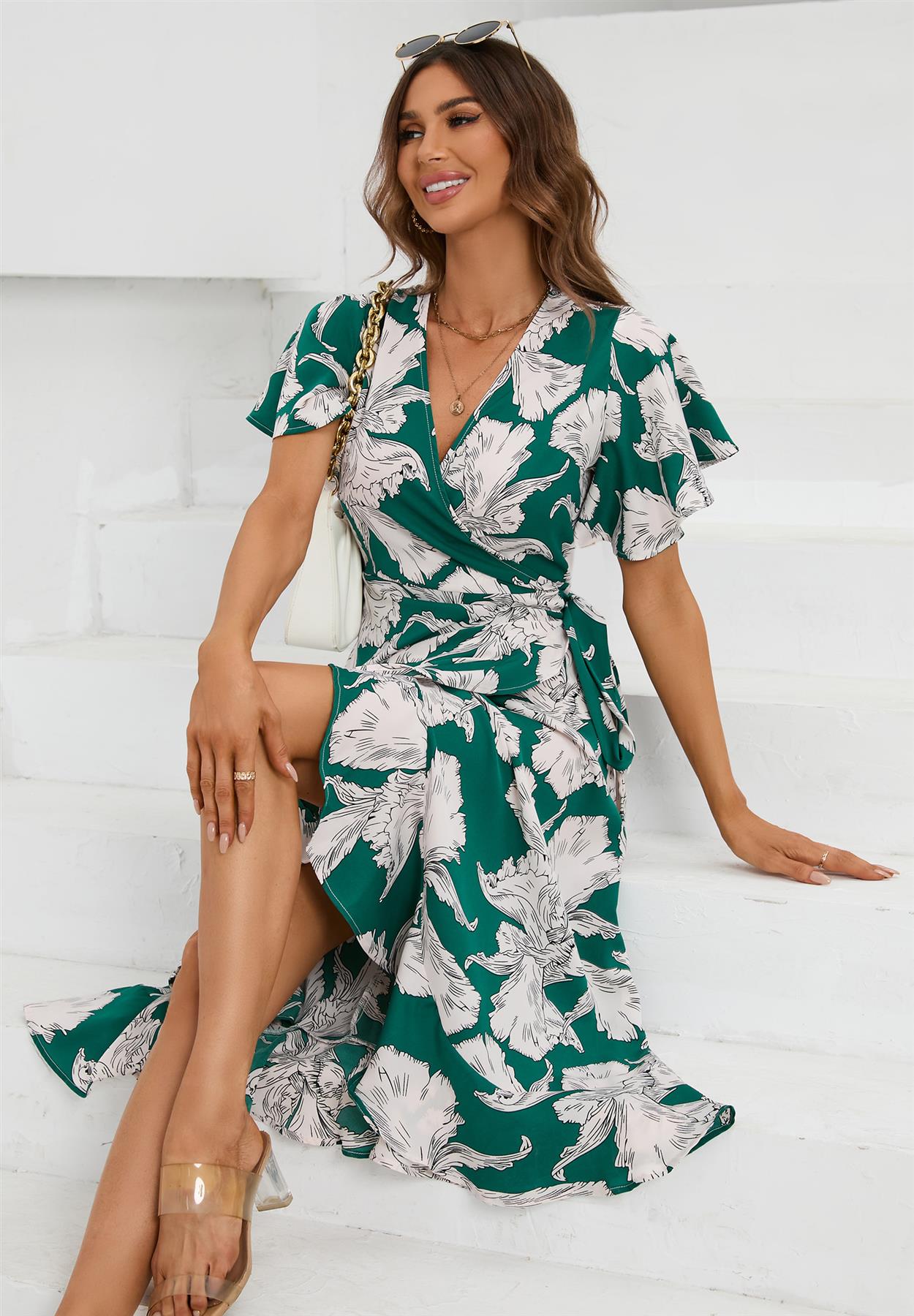 Angel Sleeve Wrap Midi Dress In Green