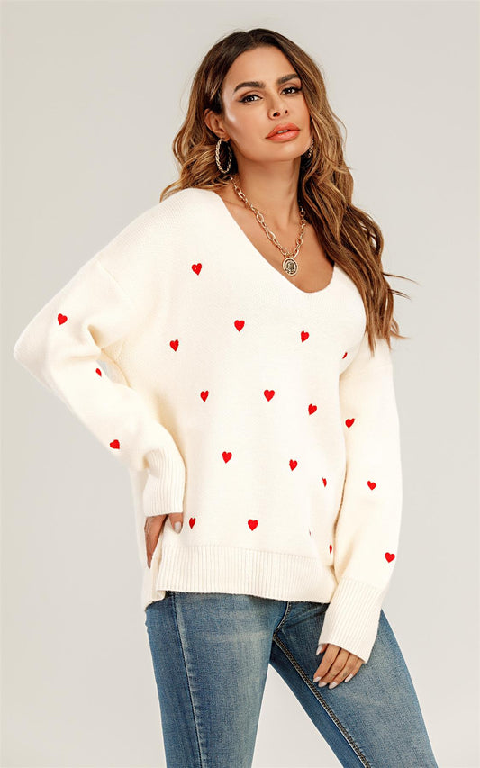 Embroidery Red Heart V Neck Jumper In Cream