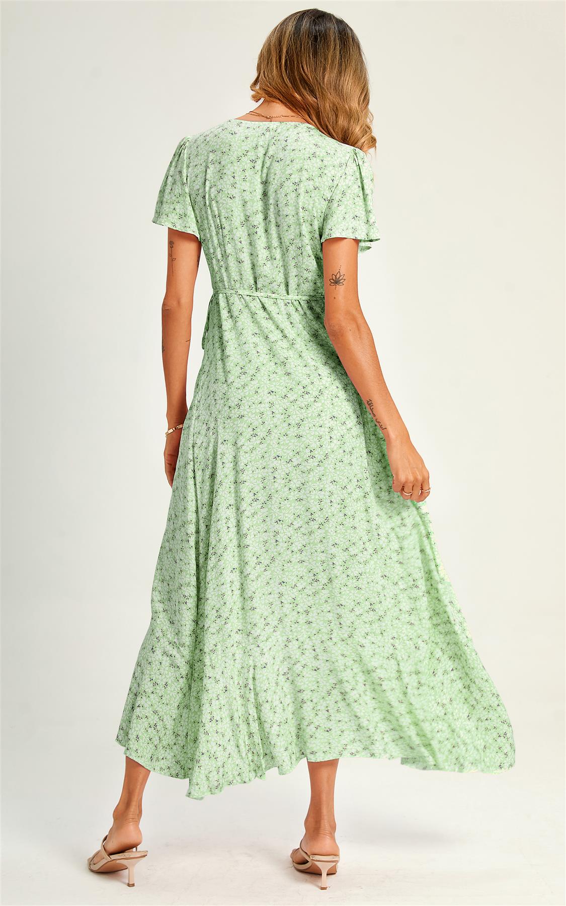 Summer Floral Print Hem Wrap Midi Dress In Mint Green