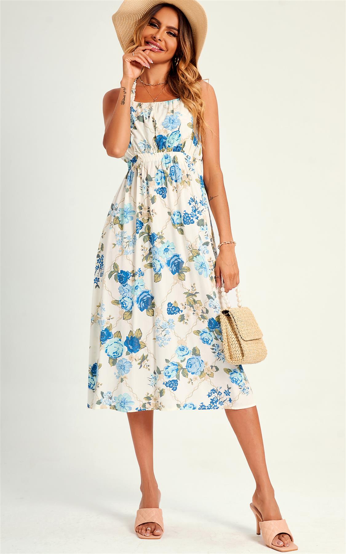 Pretty Flora Print Cross Back Midi Dress In White