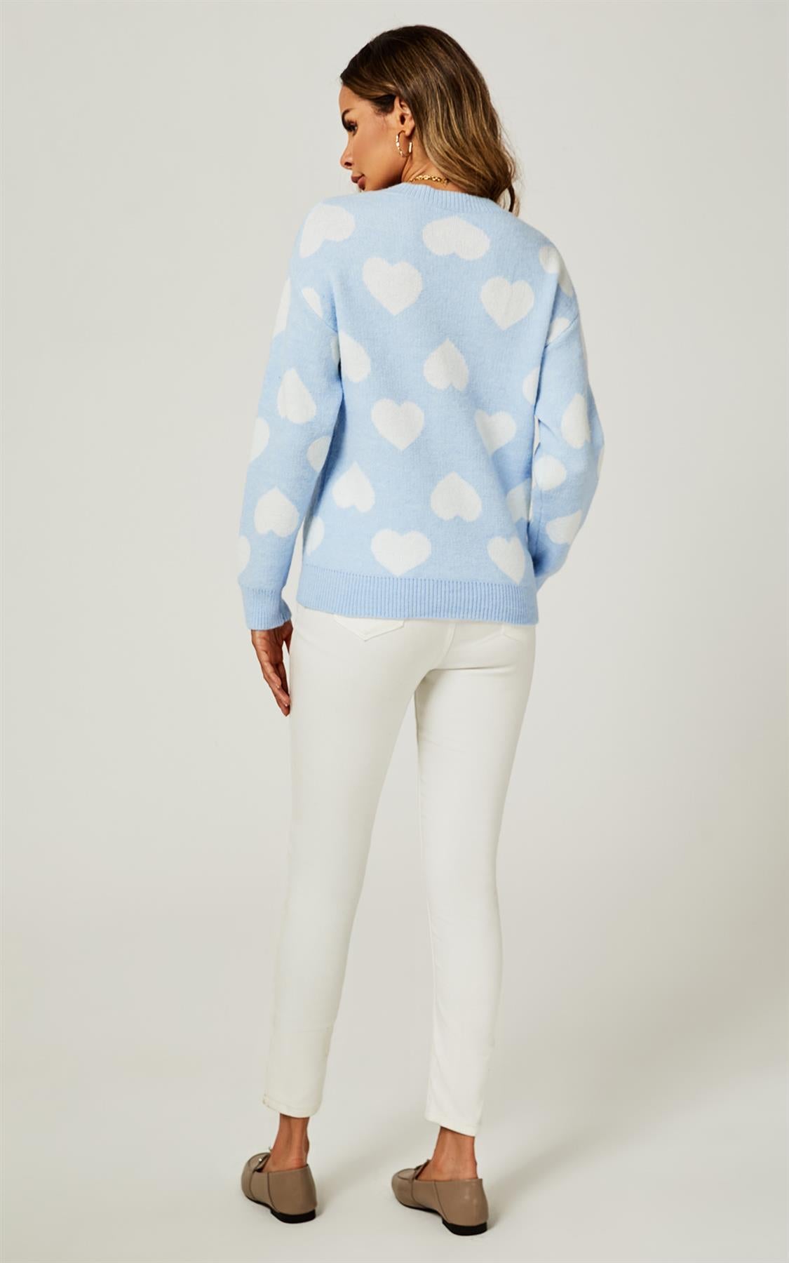 Relaxed Comfy White V Neck Heart Pattern Jumper Top In Baby Blue